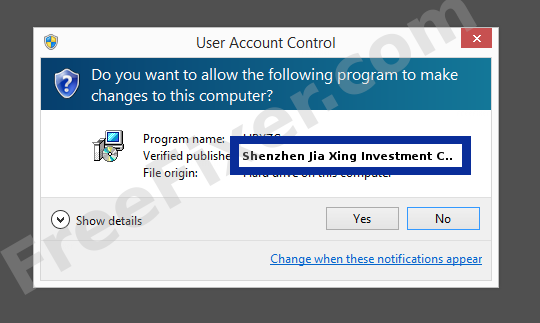 Screenshot where Shenzhen Jia Xing Investment Co., Ltd. appears as the verified publisher in the UAC dialog